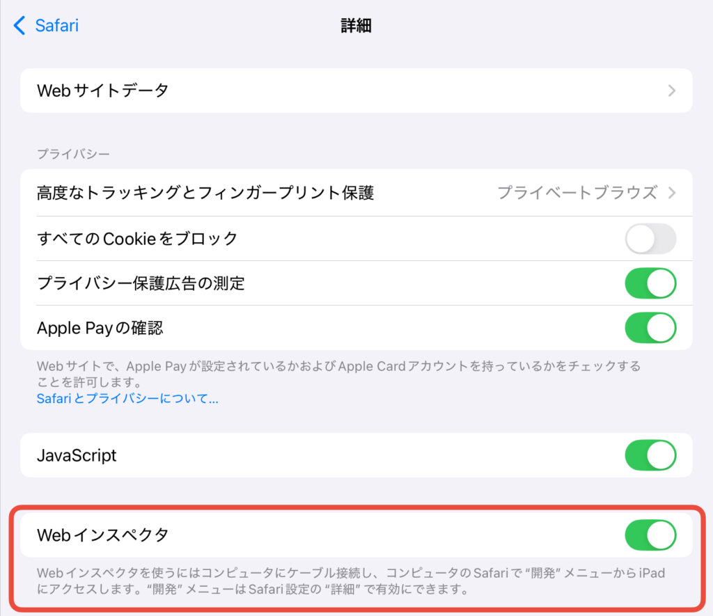 iPadの開発モードの見方(webインスペクタの設定)