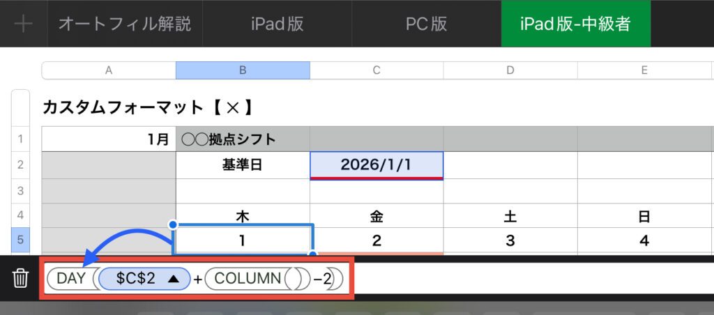 ①日付セルに入れた関数=DAY($C$2+COLUMN()−2)