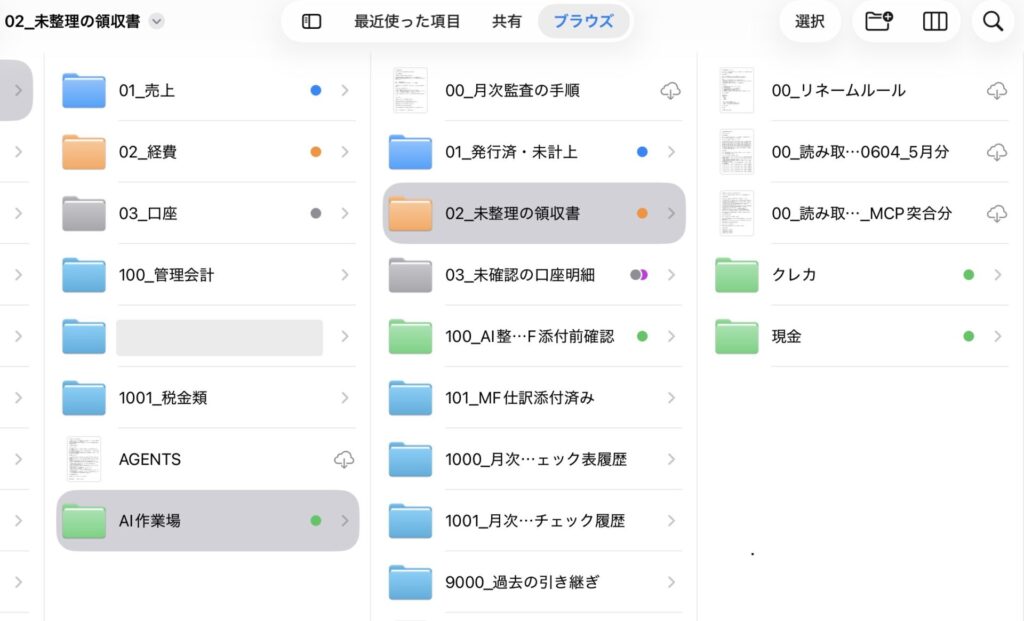 iPadのファイルアプリで証憑を管理しているフォルダ構成。売上・経費・口座などに分け、さらに「発行済・未計上」「未整理の領収書」「未確認の口座明細」など処理の進み具合で分けている